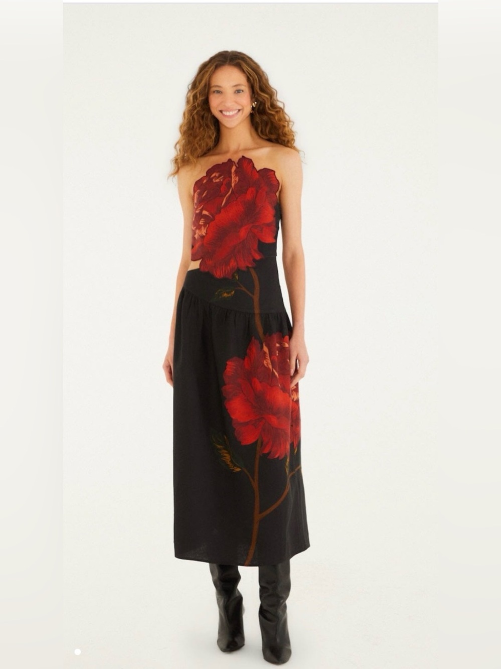 FARM Rio Rosalia Placed Black Artisanal Strapless Midi Dress